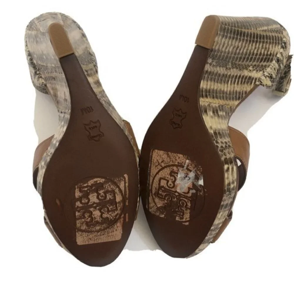 Tory Burch Wedge Heels Shoes 10M Sandal Platform Leather Camel Snake Skin.